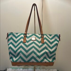 Dooney & Bourke Green Chevron Tote with Brown Trim